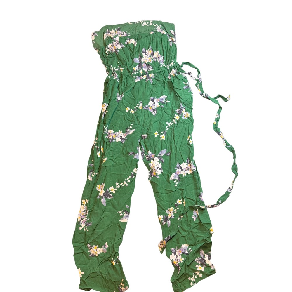 Jaase Green Floral Strapless Jumpsuit Elastic Waist Belted XS Bohemian Summer